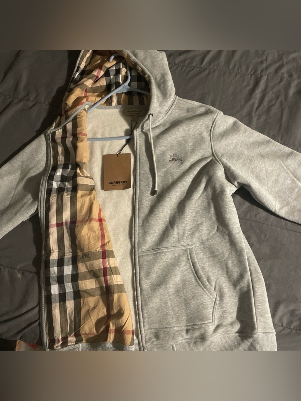 Burberry Light Gray Men’s Zip-Up Hoodie with Signature Check Hood Lining